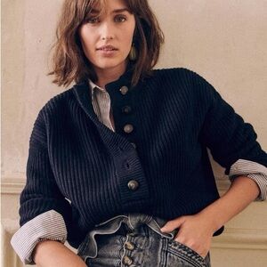 Sézane Lucas Navy Rib-Knit Button-Up Crew Sweater Medium